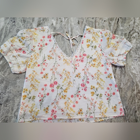 MINK Ivory Floral Puff Sleeve Cotton Blouse Lace Trim Women’s Medium - Picture 8 of 11